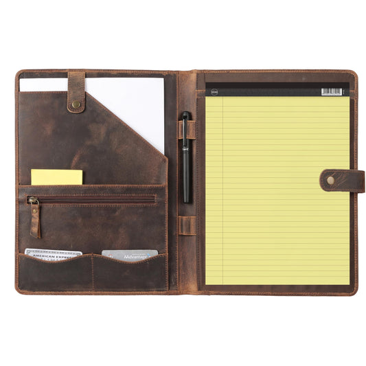 KomalC Leather Portfolio Folder with Luxury Pen and Button Closure | Business Padfolio for Professionals | Vintage Organizer with Legal Pad Holder & Card Slots (Distressed Tan)