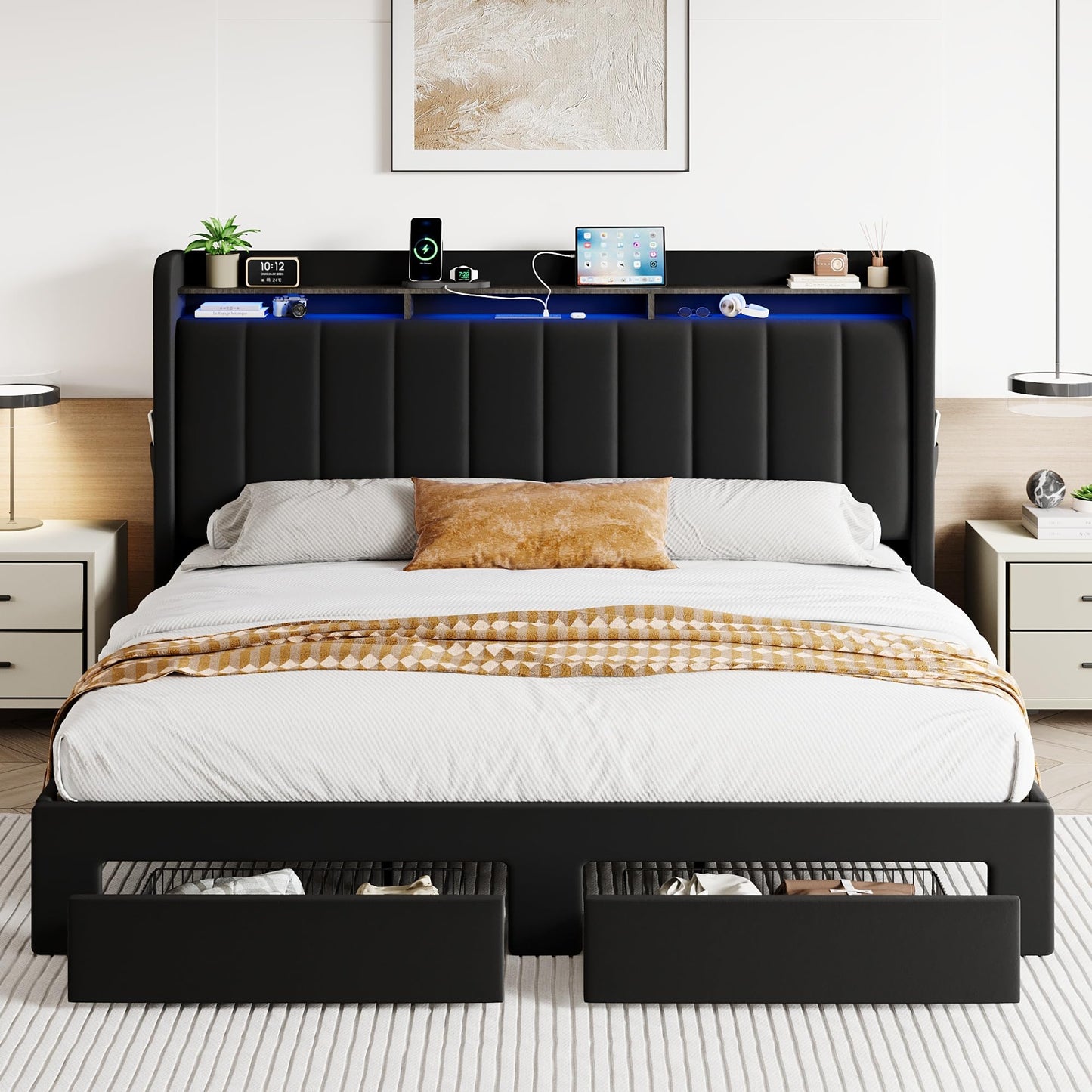 SHA CERLIN Velvet King Size Bed Frame with Vertical Channel Tufted Wingback Headboard & 2 Storage Drawers/2-Tier Shelves with LED Lights & Charging Station/Noise-Free/No Box Spring Needed/Black