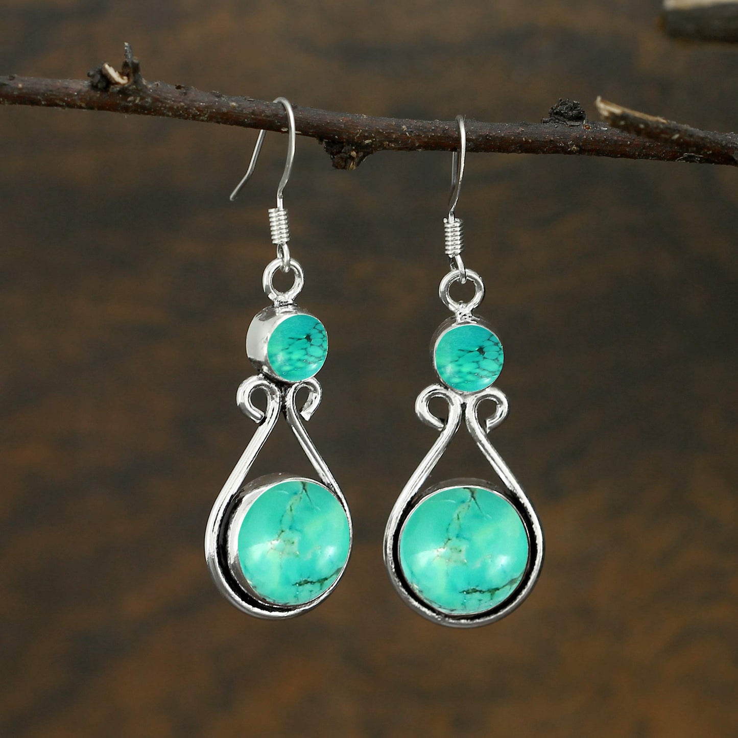 Natural Turquoise Silver Plated Dangle Earrings for Women - December Birthstone Round Gemstones Drop Earrings Handmade Jewelry - Women's Day Gift for Her