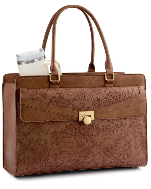 LOVEVOOK Laptop Tote Bag for Women 15.6Inch, PU Leather Vintage Work Tote Waterproof, Business Teacher Bag with Large Cup Holder, Women's Briefcase for Travel & Commute