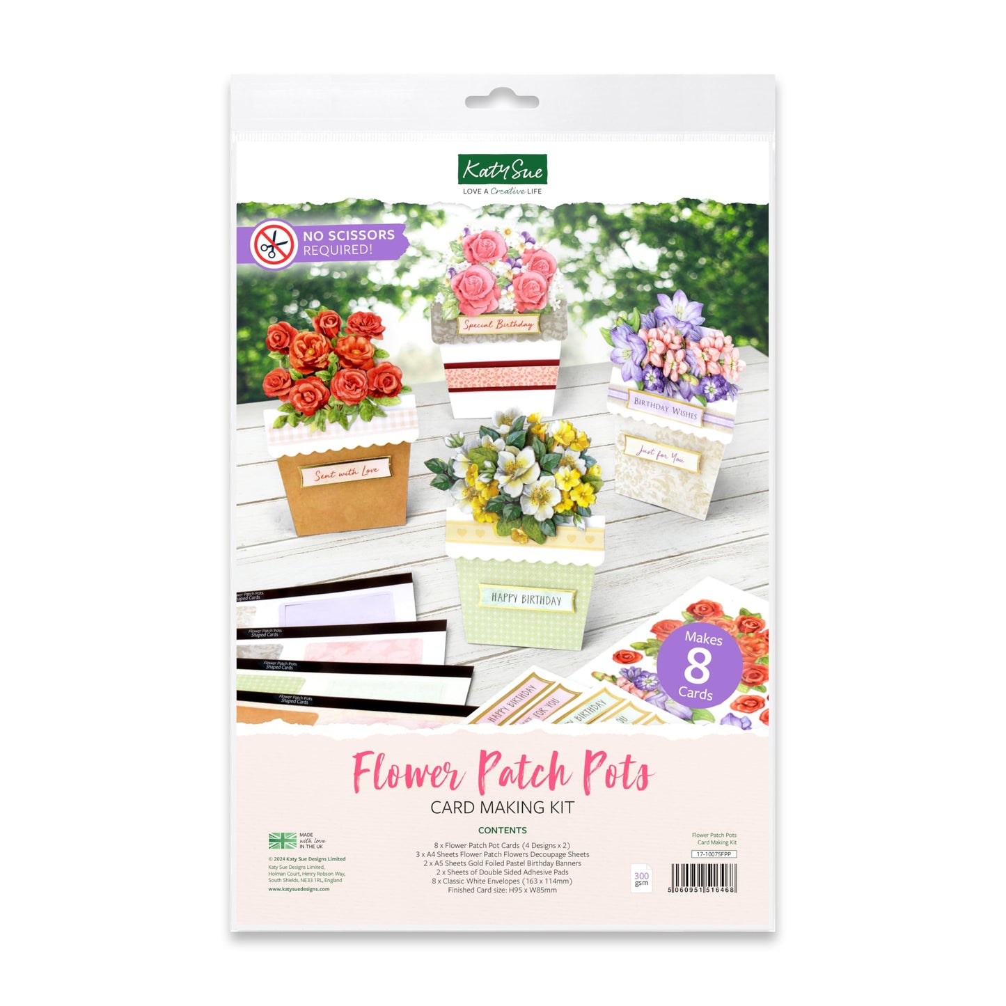Katy Sue Flower Patch Pots Card Making Kit. 8 Cards, 8 Envelopes, 3 Sheets of Floral Die-Cut Decoupage, Adhesive Pads, & 2 Sheets of Birthday Sentiments Banners for Card Making Supplies