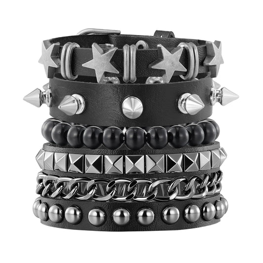 JAZTAKU Mens Spiked Studded Bracelet Black Leather Rivet Punk Bracelet Cuff Wrap Bangle Snap Button Metal Wristband for Men Women