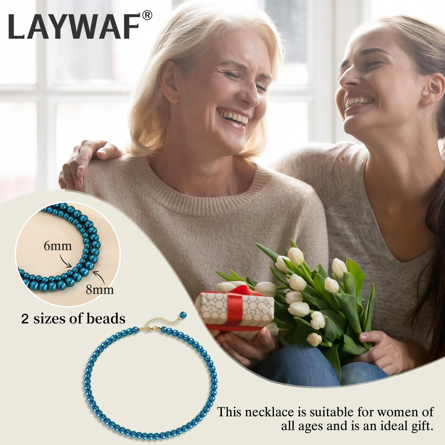 LAYWAF Navy Blue Imitation Pearl Choker Necklace for Women, 8MM Beaded Necklace, Fake Pearls Jewelry, Simple Dainty Faux Pearl Mom Wedding Necklace, Chunky Imitation Pearl