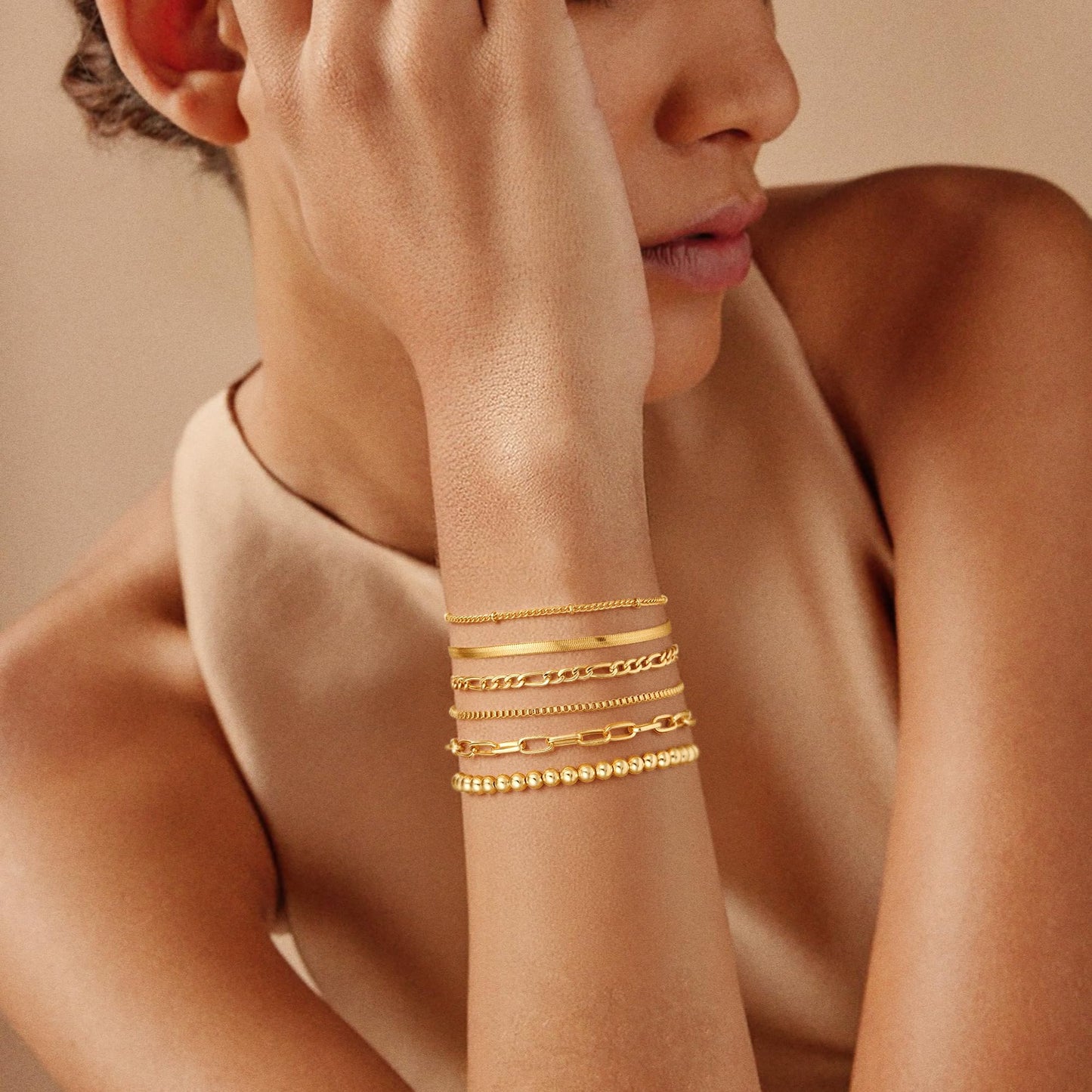 Mujahid 14K Gold Plated Bracelets for Women Waterproof, Jewelry Sets Trendy Thin Dainty Stackable Cuban Link Paperclip Chain Bracelet Pack Fashion Accessories Gifts for Womens,Hypoallergenic Jewelry