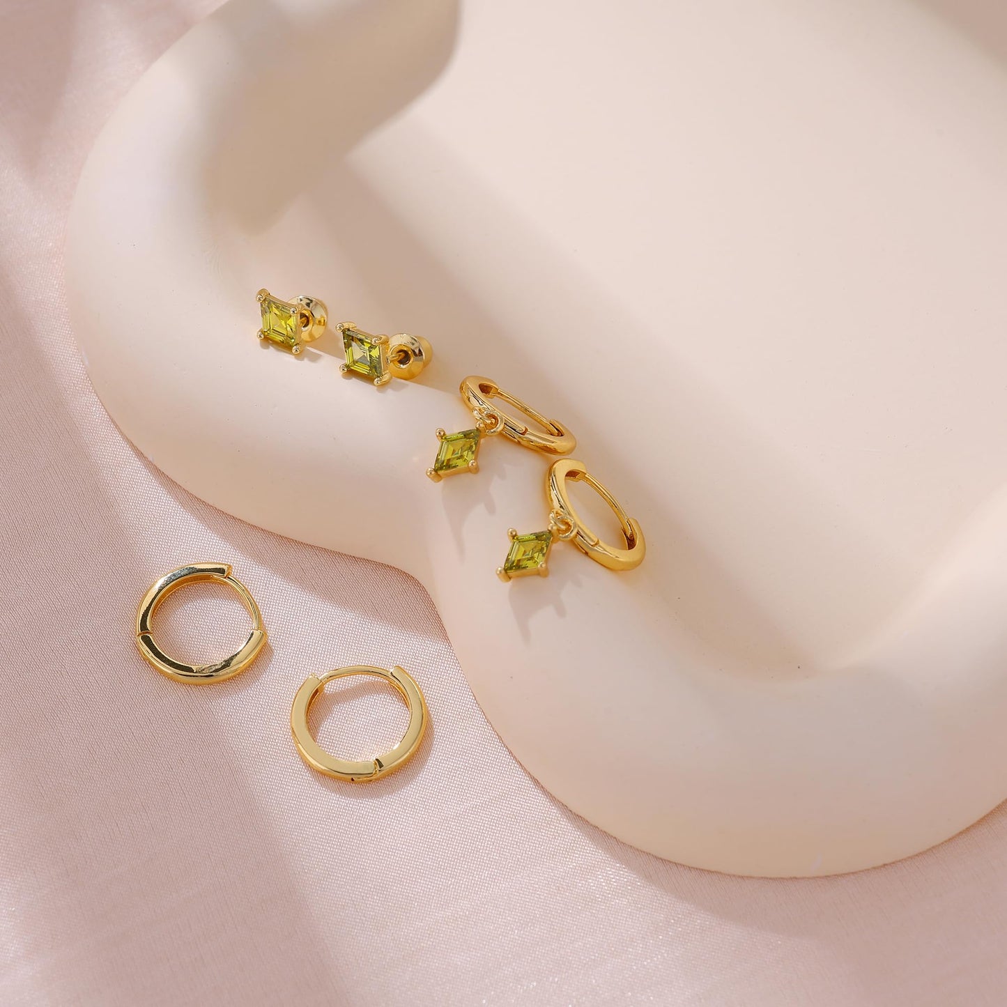 SELFROSE Dainty Gold Earrings for Women,Cute Hoop Huggie Earring 14K Gold Plated Green Trendy Small Cartilage Earring Set Hypoallergenic Drop Dangle Earrings Womens Jewelry