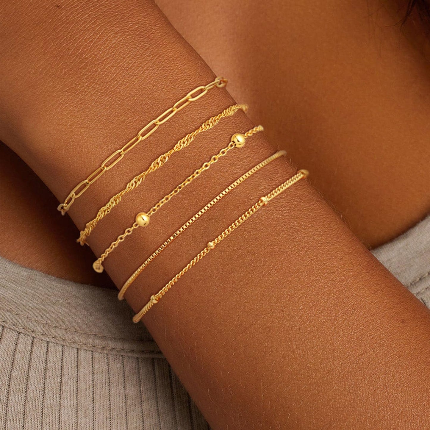 Gold Bracelets for Women, Dainty 14K Gold Plated Bracelet Stack for Women Trendy CZ Tennis Paperclip Cuban Chain Stackable Adjustable Waterproof Link Bracelet Jewelry Set Fashion Accessories Gifts