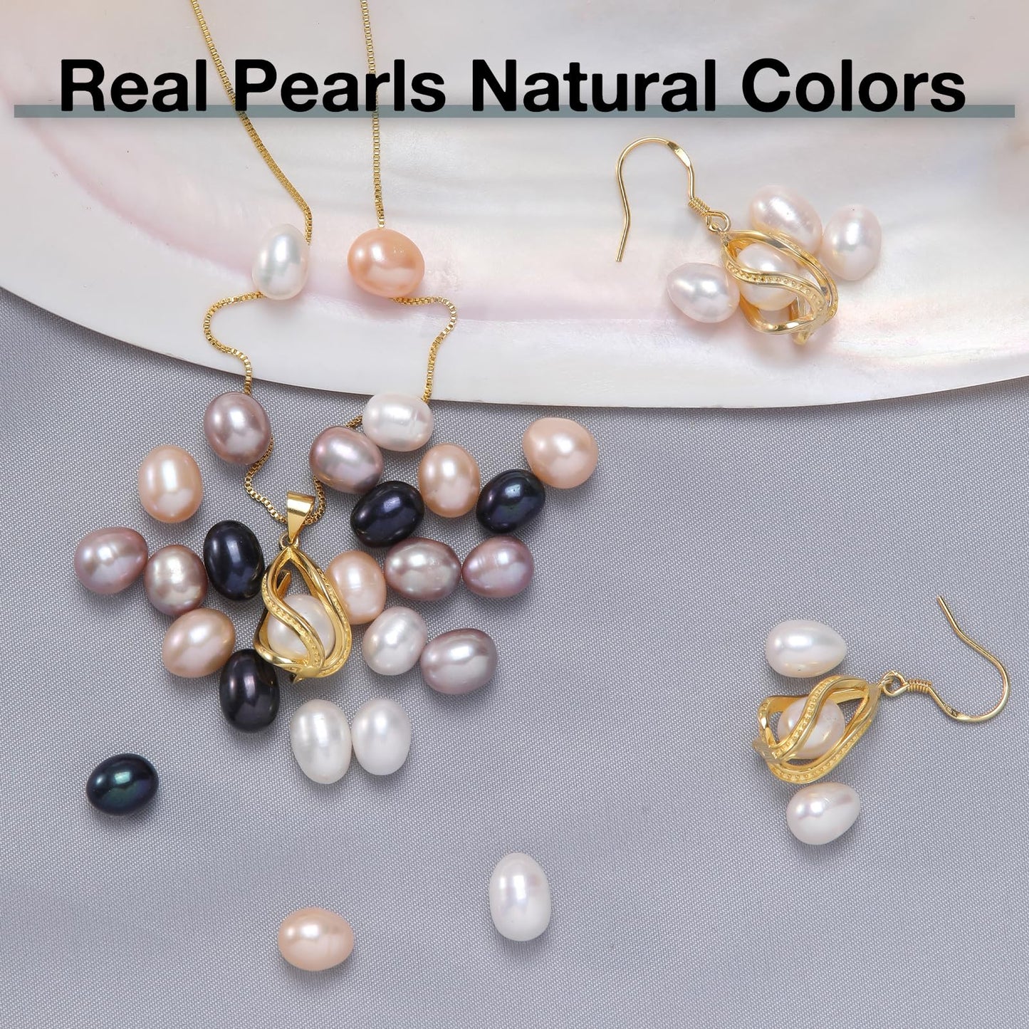 HENGSHENG Pearl Jewelry Set For Women 14K Gold Plated Necklace & Earrings Set Freshwater Pearl Pendant Cage Set for Wedding Anniversary Prom Birthday Gift - Golden White