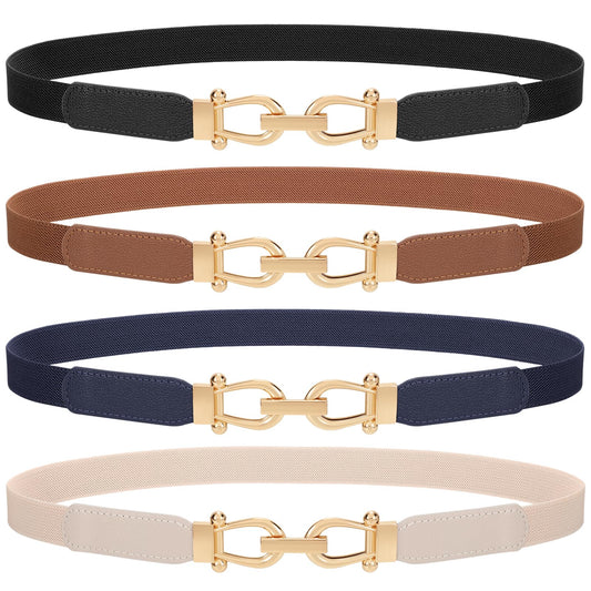 TRIWORKS 4 Pack Skinny Elastic Belts for Women Gold Buckle Thin Stretchy Waist Belts for Dresses