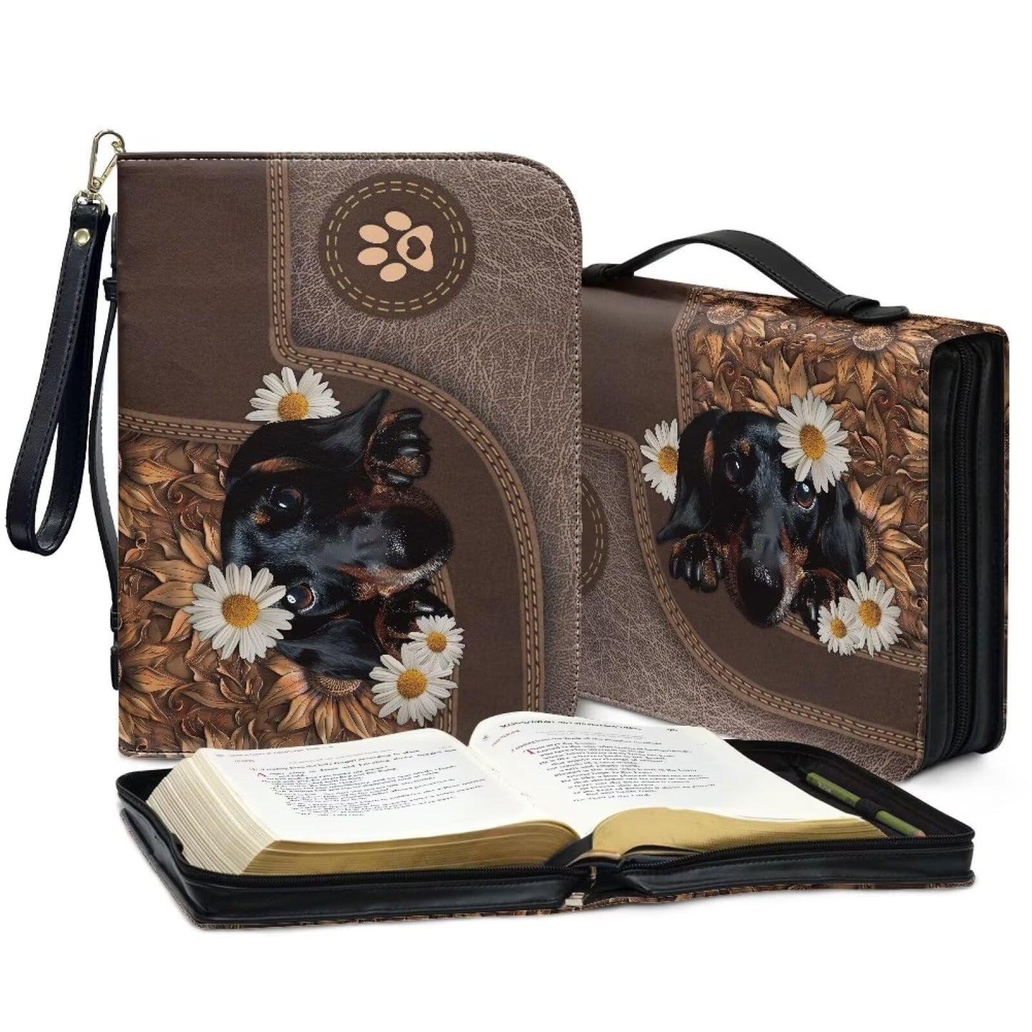 Lotusorchid Cute Dachshund Print Bible Book Cover Daisy Sunflower Print Bible Covers for Women, Study Bible Book Cover Portable Bible Case for Men, Leather Bible Protective Case for Christian Gift