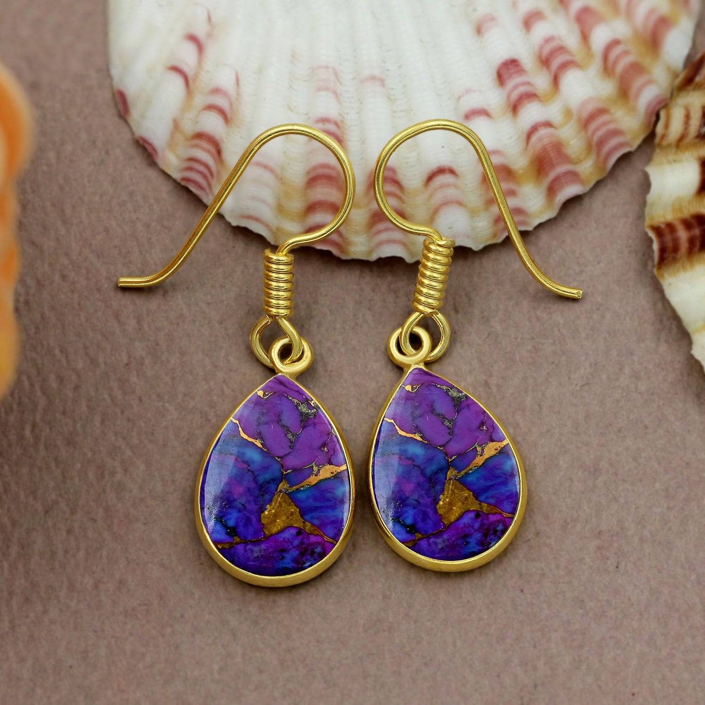 Natural Purple Copper Turquoise 14K Yellow Gold Plated Dangle Earrings for Women - Purple Gemstone December Birthstone Handmade Jewelry Earrings - Mother's Day Gifts for Her
