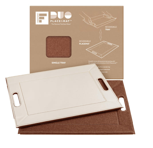 FREEFORM PLACEsMAT 2-in-1 Faux Leather Placemat & Serving Tray | Reversible Design, Lays Flat & Easy to Clean | Ottoman Food Tray, Perfect Housewarming Gift, 18” x 14” (Fabric Tan & Cream, Single)