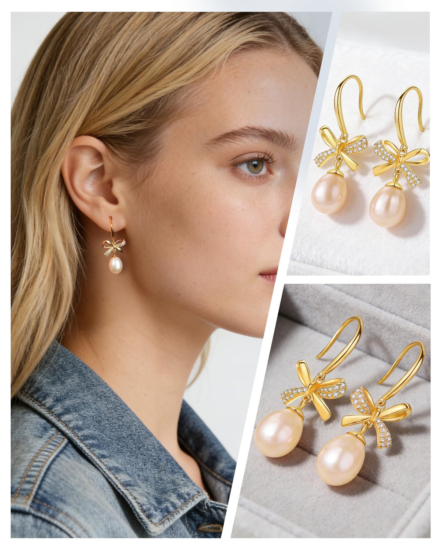 Pearl Drop Earrings for Women, Gold Plated & 925 Sterling Silver, Pink & White Dangle Earrings, Dainty Cute Elegant Bridal Wedding Gift for Her