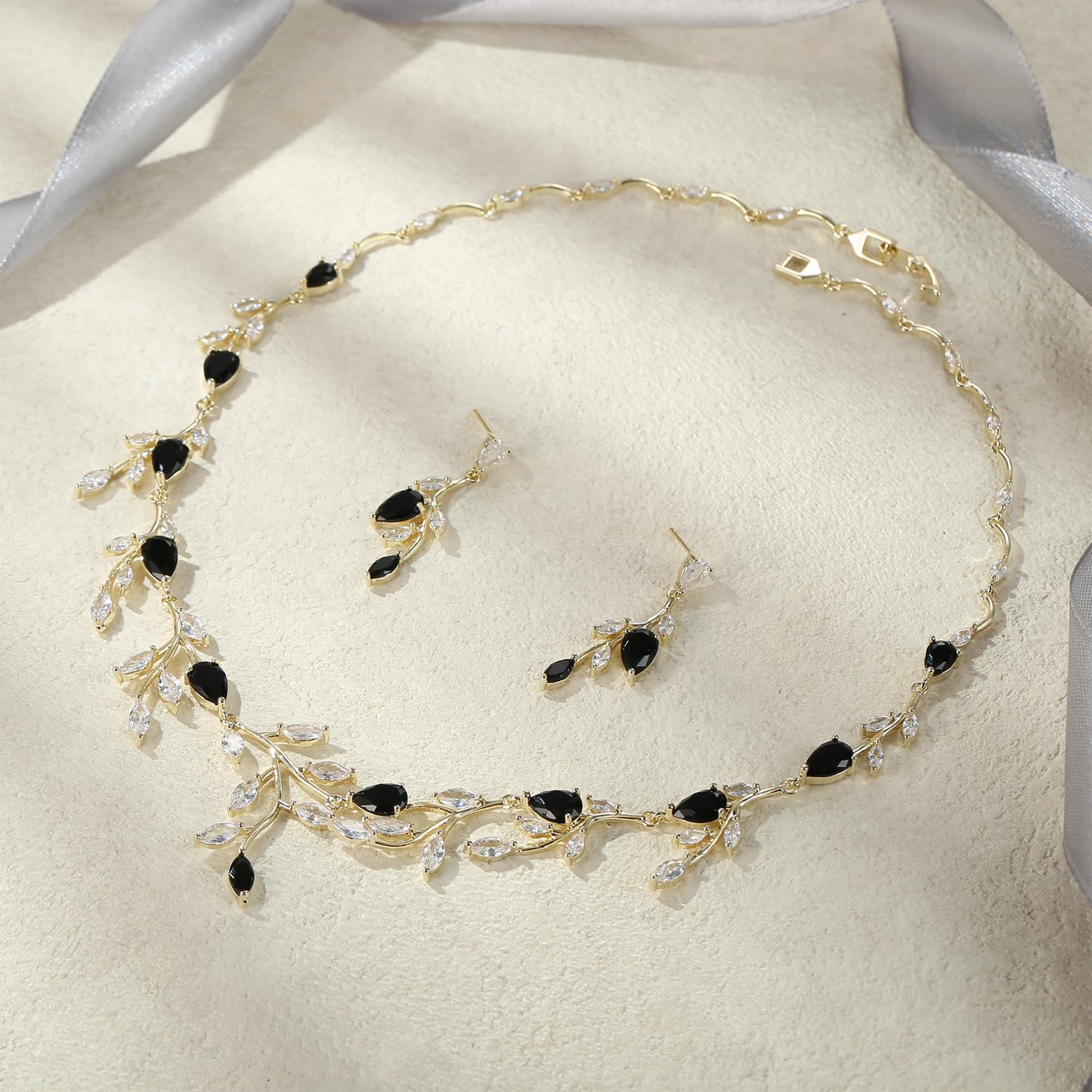 EVER FAITH Wedding Jewelry for Bride Women Bridesmaid, Sparkly Black Cubic Zirconia Pear-Shaped Birthstone Leaf Necklace Earrings Set for Prom Gold-Plated-Brass