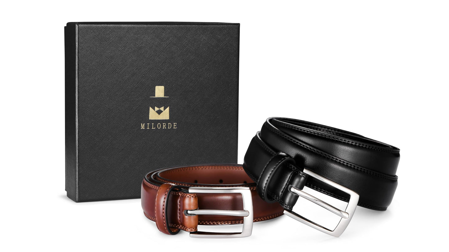 MILORDE Men's Leather Dress Belt 2Pack, Handmade, 100% Cow Leather, Fashion & Classic Designs for Work Business and Casual (2pack-Black101/Brown103,44)