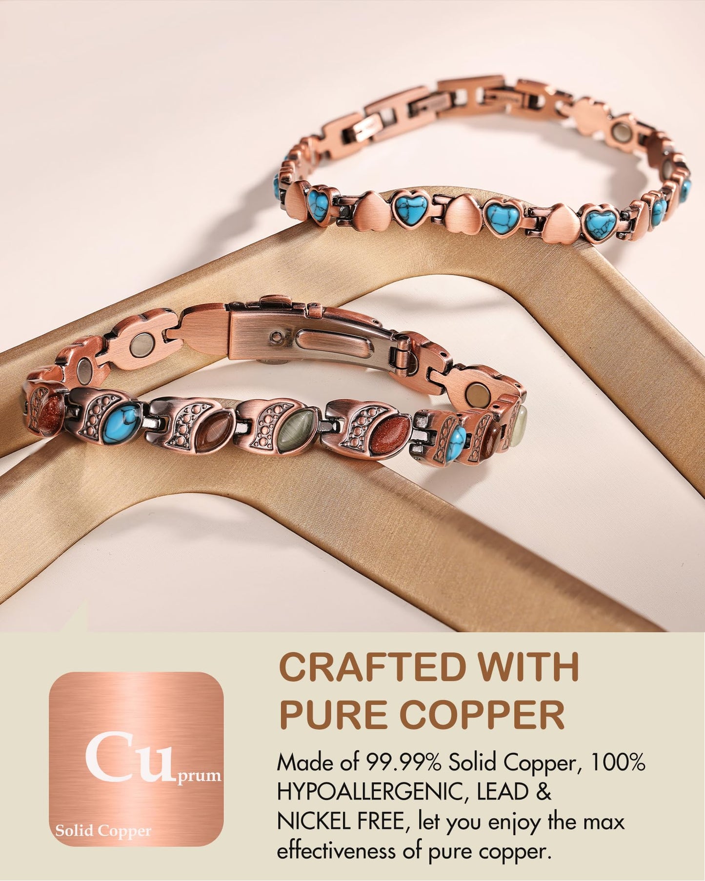 Feraco Pure Copper Bracelets for Women, Ultra Strength Magnetic Bracelet with 3800 Gauss Magnets & Natural Turquoise & Stones, Adjustable, Jewelry Gift (Ocean Heart)
