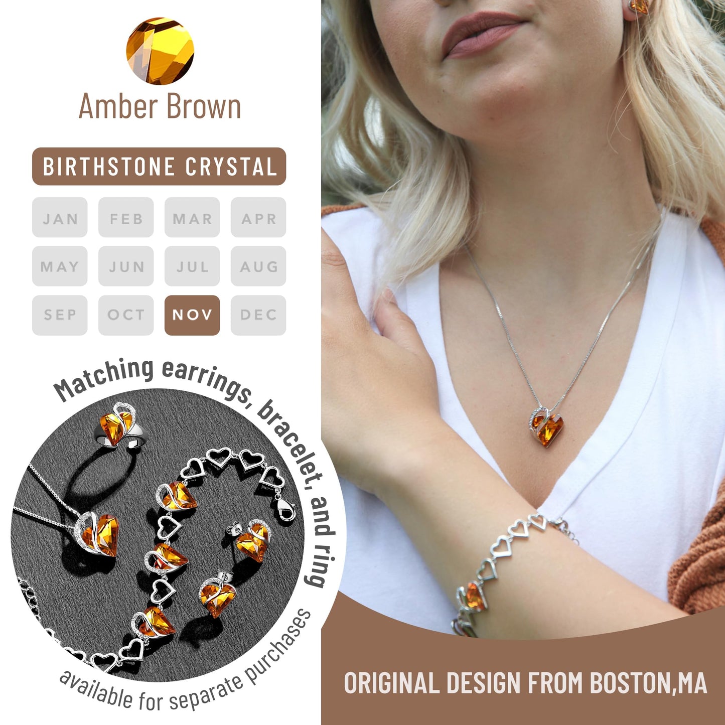 Leafael Gift Necklaces for Women, Infinity Love Birthstone Heart Pendant with Amber Brown Crystal for November, Birthday Jewelry for Her, Mom, and Wife, Silver Plated, 18" + 2" Chain