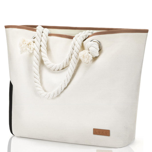 Lekesky Beach Bags for Women, Large Waterproof Beach Tote Bag with Zipper Beach Bags Waterproof Sandproof Swim Pool Bag Large Tote, Beige