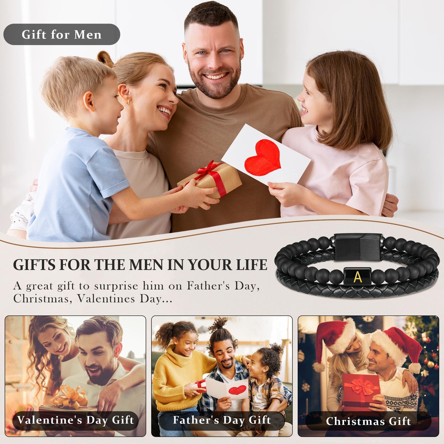 FOCOOG Gifts for Mens Bracelet - Men Gift Leather Bracelets for Men with Initial Matte Agate Bead Magnetic Clasp Leather Men's Initial J Bracelet for Men's Jewelry Mens Gifts for Dad Husband