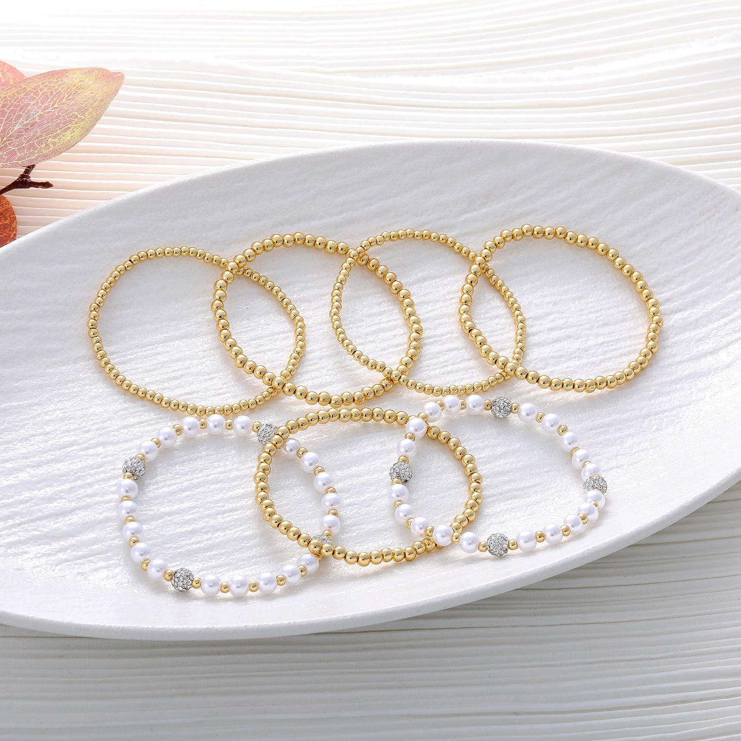 Sajidos Gold Plated Beaded Bracelets for Women Trendy, 14K Gold Plated Stack Cross Pearl Gold Plated Bead Stretch Bracelets Set Elastic Hypoallergenic Bracelets Jewelry Gifts (style20)