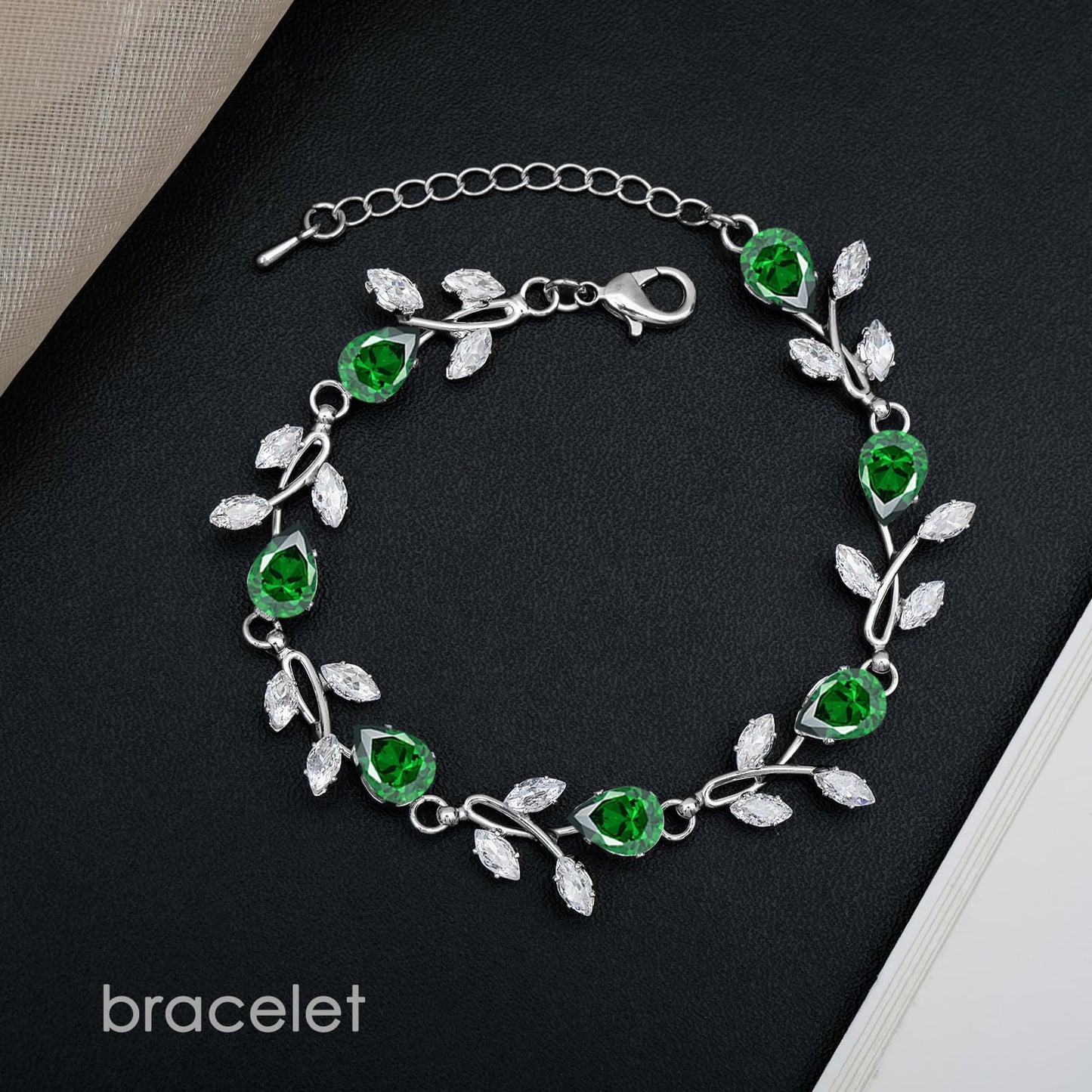 CSY Elegant Silver Bridal Jewelry Sets Clear Cubic Zirconia Wedding Necklace Earrings Bracelet Set for Birdes Bridesmaids CZ Prom Jewelry (Emerald Green)