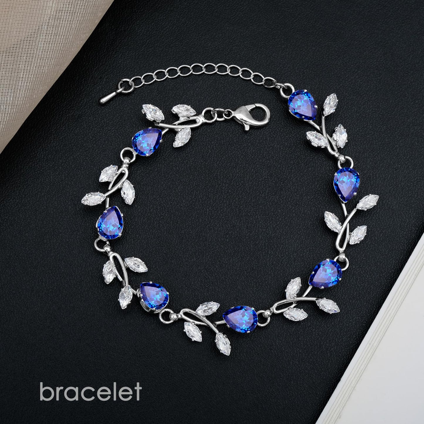 CSY Elegant Bridal Jewelry Sets Clear Cubic Zirconia Wedding Necklace Earrings Bracelet Set for Birdes Bridesmaids CZ Prom Jewelry (Royal Blue-Necklace Earrings Bracelet)