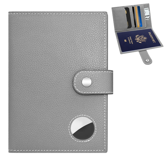 Genuine Leather Passport Holder for Travel, RFID Blocking Passport Wallet with Tracker Holder, Slim Passport Cover Travel Wallet for Women Men, Airport Essentials (Gray)