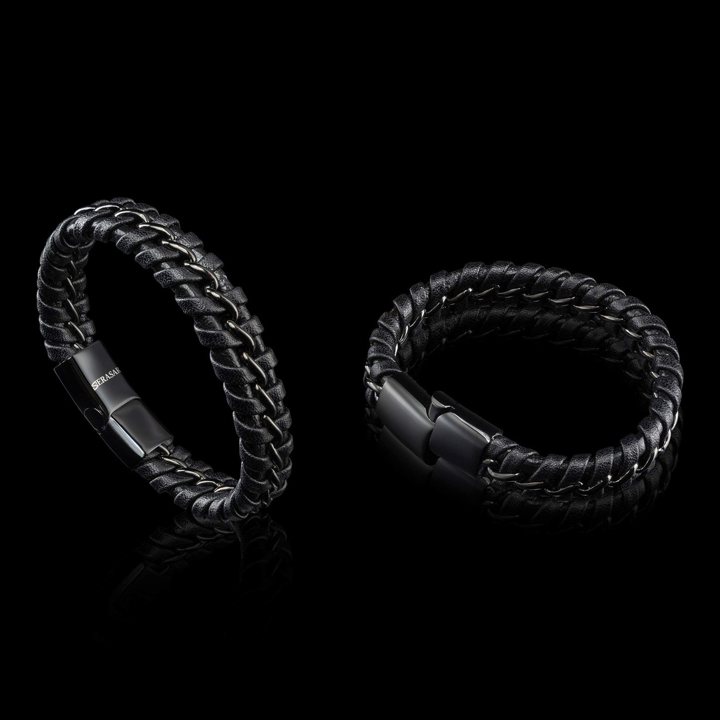 SERASAR 8″ Black Leather Bracelets for Men Mens Cowhide Gift Box Braided Bracelet Stainless Steel Jewelry Wrist Band Cuff Wrap Rope Bangle Dad Man Pulseras para Hombres Cuero Regalo