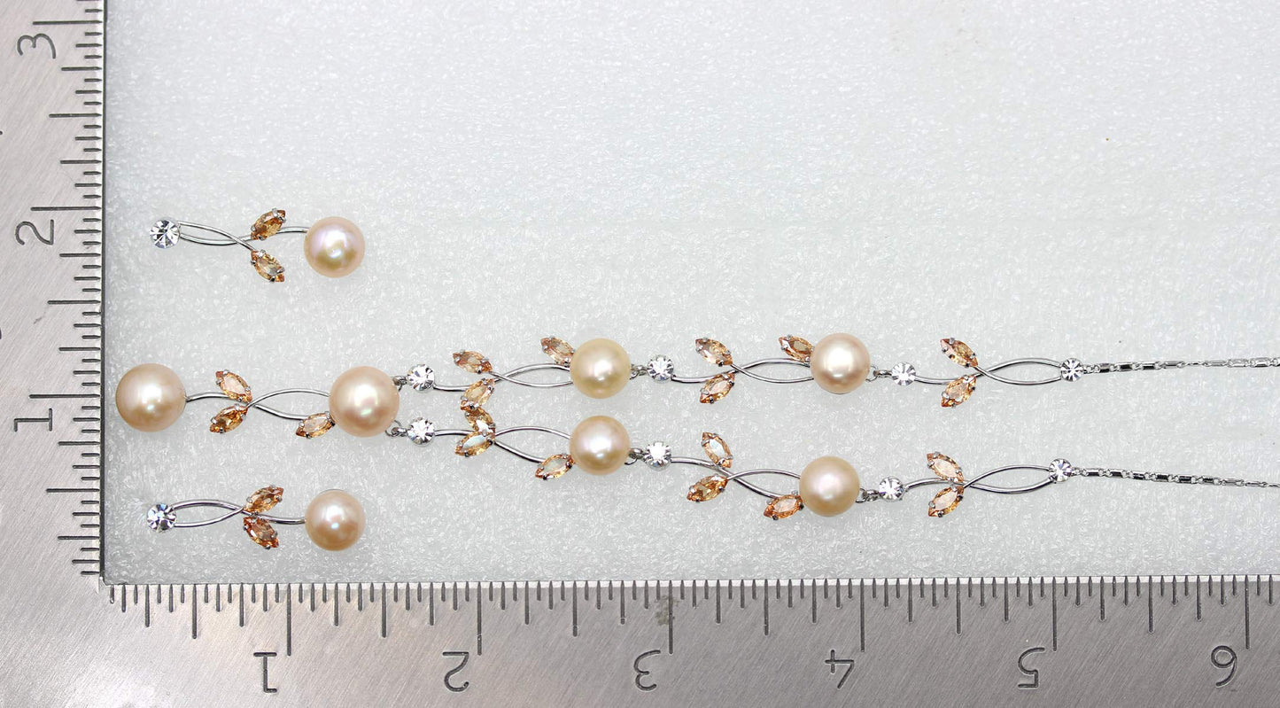 Faship Champagne Brown CZ Crystal Pink Genuine Freshwater Pearls Floral Necklace Earrings Set - Brown/Silver-Tone