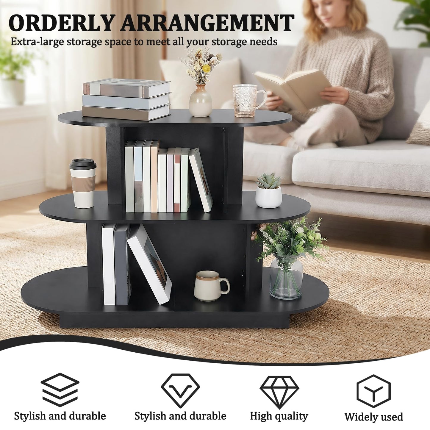 3 Tier Wooden Oval Display Table Large Storage Space Retail Table Modern Standing Display Riser Shelf for Stores Vendor Events 55in W x 23.6in D x 35in H (Black)