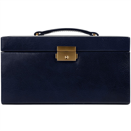 Time Resistance Jewelry Box - Full Grain Leather Jewellery Organizer - Accessories Storage - Key Lock Box for Women (Blue)
