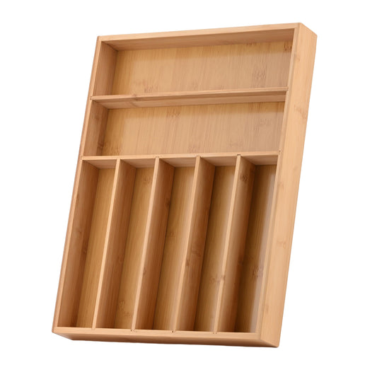 JIMMY LUCKY Wooden Silverware Organizer for Drawer, Bamboo Utensil Drawer Organizers, Kitchen Utensil Organizer Tray with 7 Storage Compartments, Flatware Organizers for Cutlery Flatware