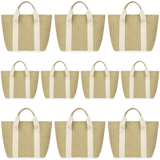 10 Pcs Straw Beach Tote Bags, Woven Handbag with Handle, Bachelorette Beach Bags, Suitable for Women Vacation & Shopping