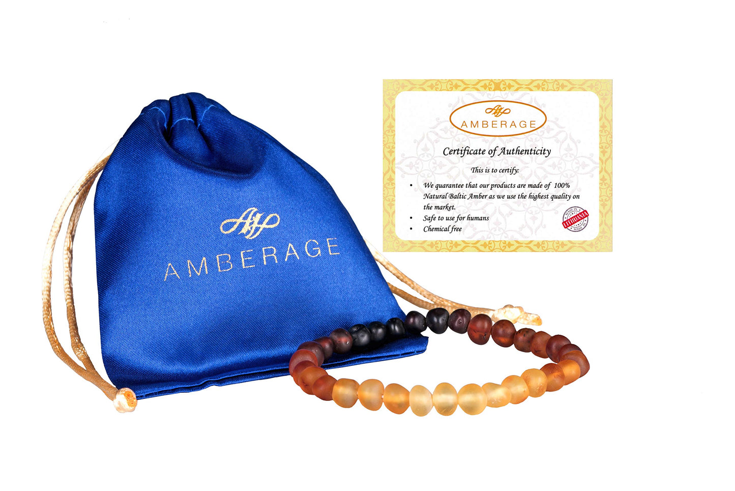 AMBERAGE Natural Baltic Amber Bracelet for Adults (Women/Men) - Hand Made from Raw-Unpolished/Certified Baltic Amber Beads(6 Colors) (7, Raw-Unpolished Rainbow)