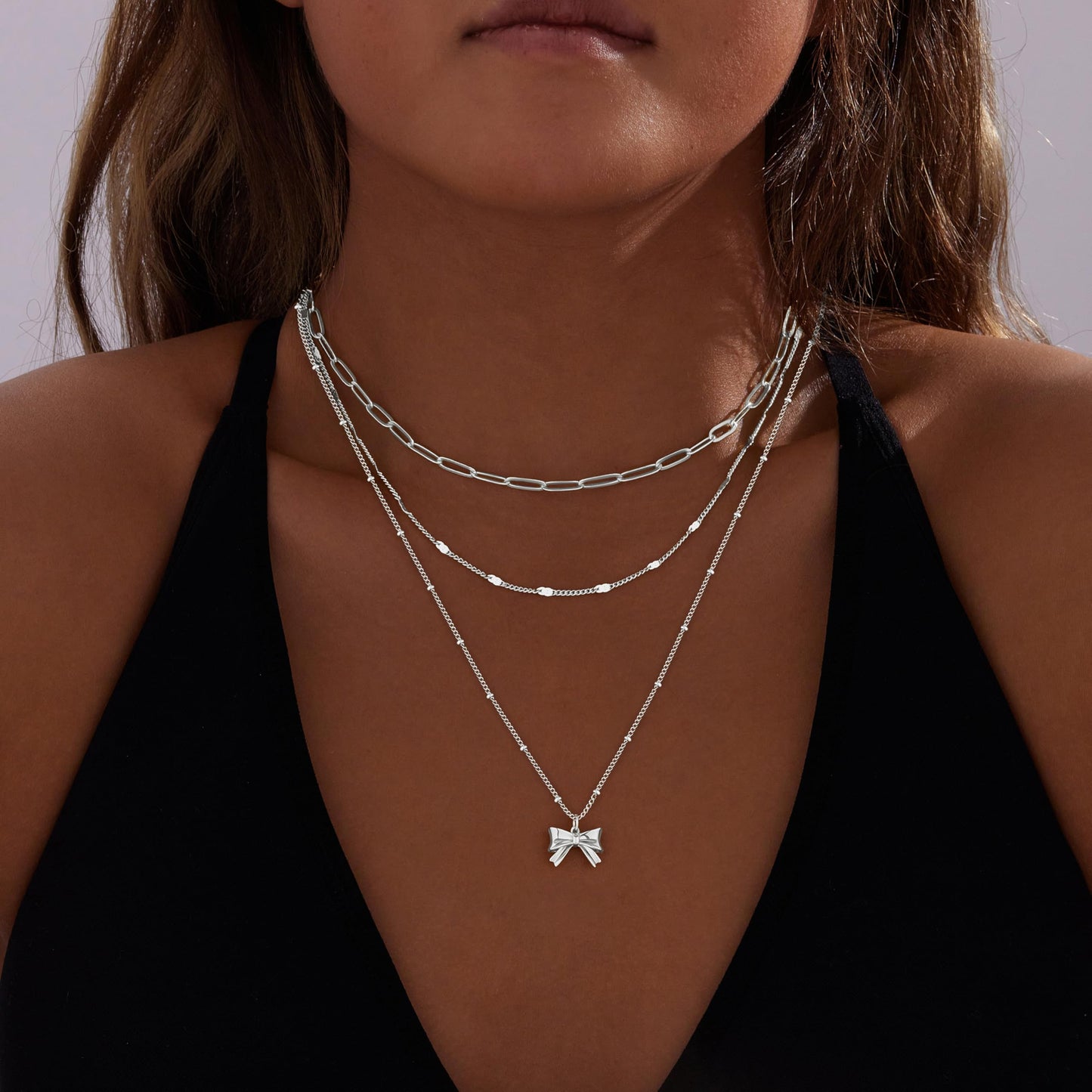 Layered Silver Bow Necklaces for Women, Silver Plated Dainty Stackable Choker Necklaces for Women, Trendy Layering Small Bow Pendant Paperclip Thin Chain Necklace Set Jewelry Gifts for Women