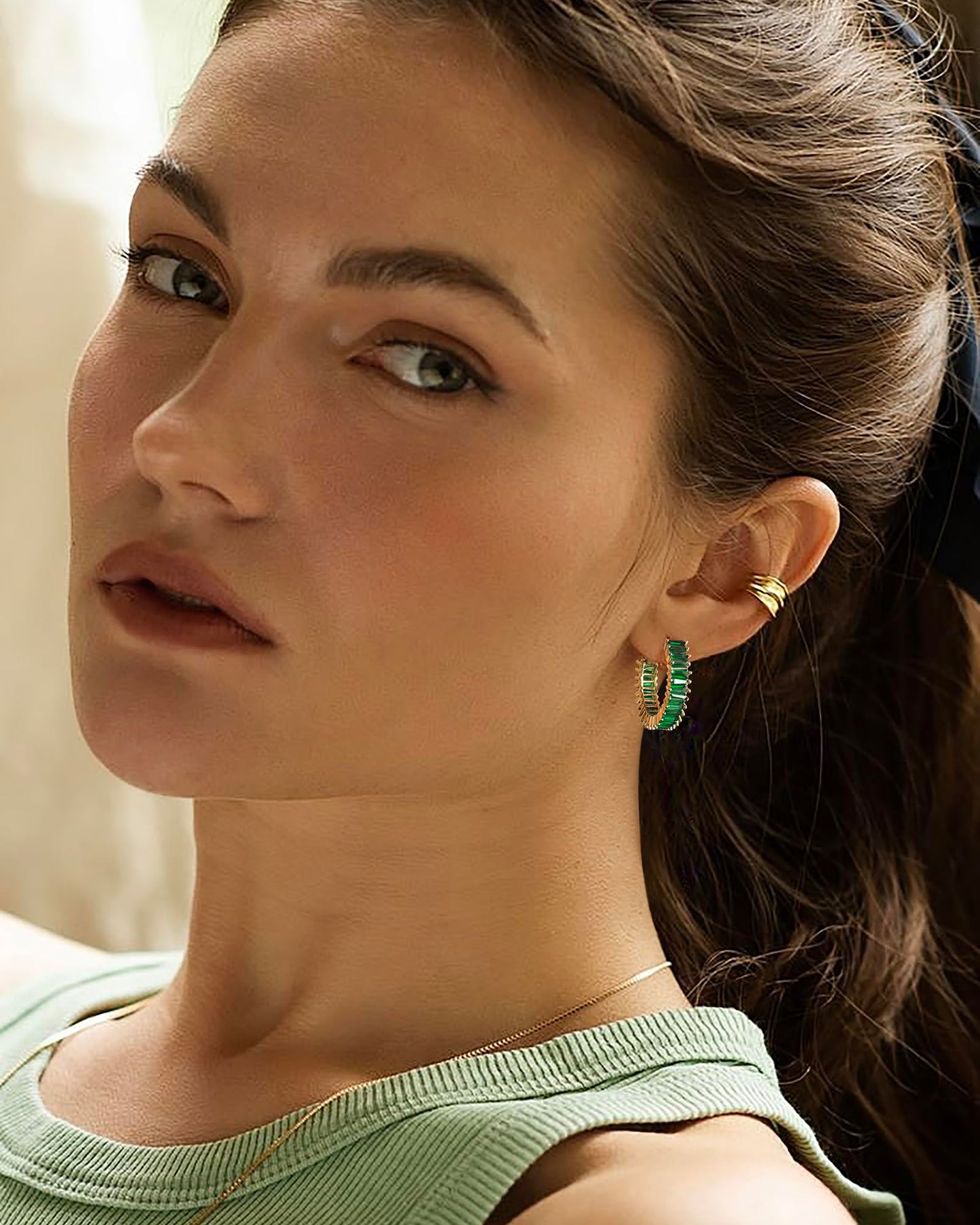 GLOQUAT Gold Green Hoop Earrings St Patrick's Day Earring Accessories for Women Cubic Zirconia Hoops for Irish Festival Trendy Baguette Hoop Earring Womens Emerald Green St Patty's Jewelry Gifts 25mm