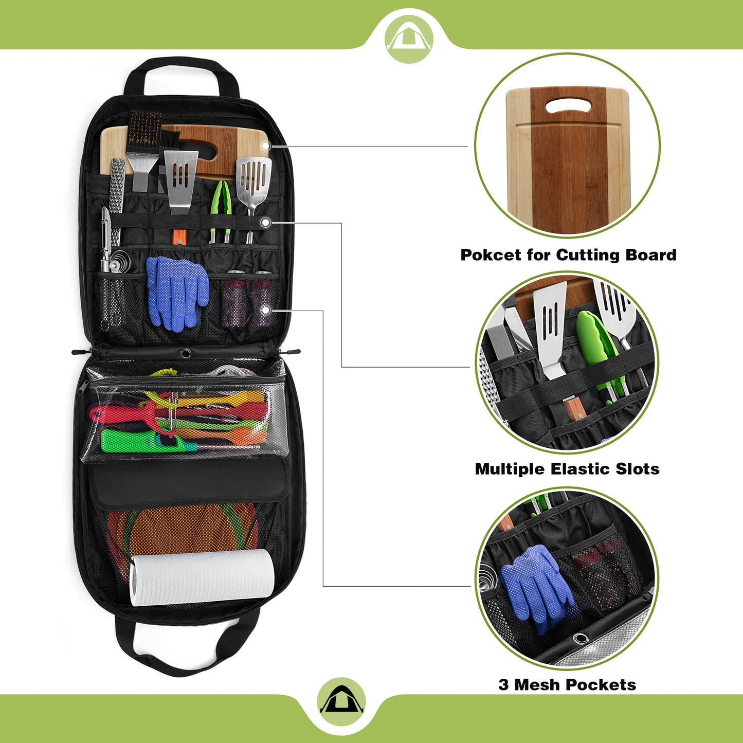 HODRANT Hanging Camp Utensil Organizer with Towel Paper Holder, Portable Camping Kitchen Cookware Bag for Knives, Forks, Spoons & More, Outdoor Cooking Tools Storage Box for Travel & Hiking, Bag Only
