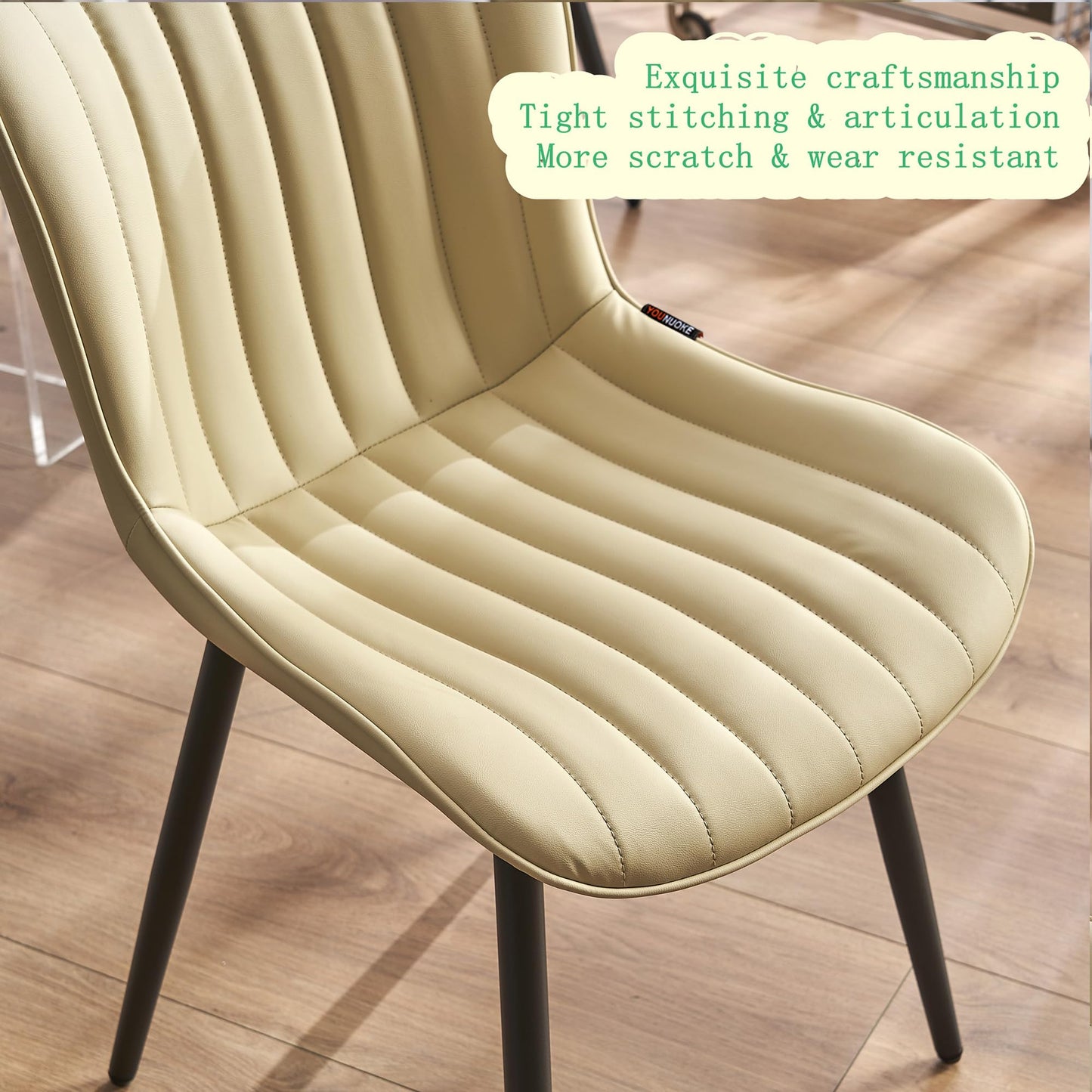 YOUNUOKE Mid-Century Modern Dining Chairs Set of 2, Beige PU Leather Upholstered Kitchen Chairs with Black Metal Legs, Armless Accent Chair for Dining Room, Guest Reception Room