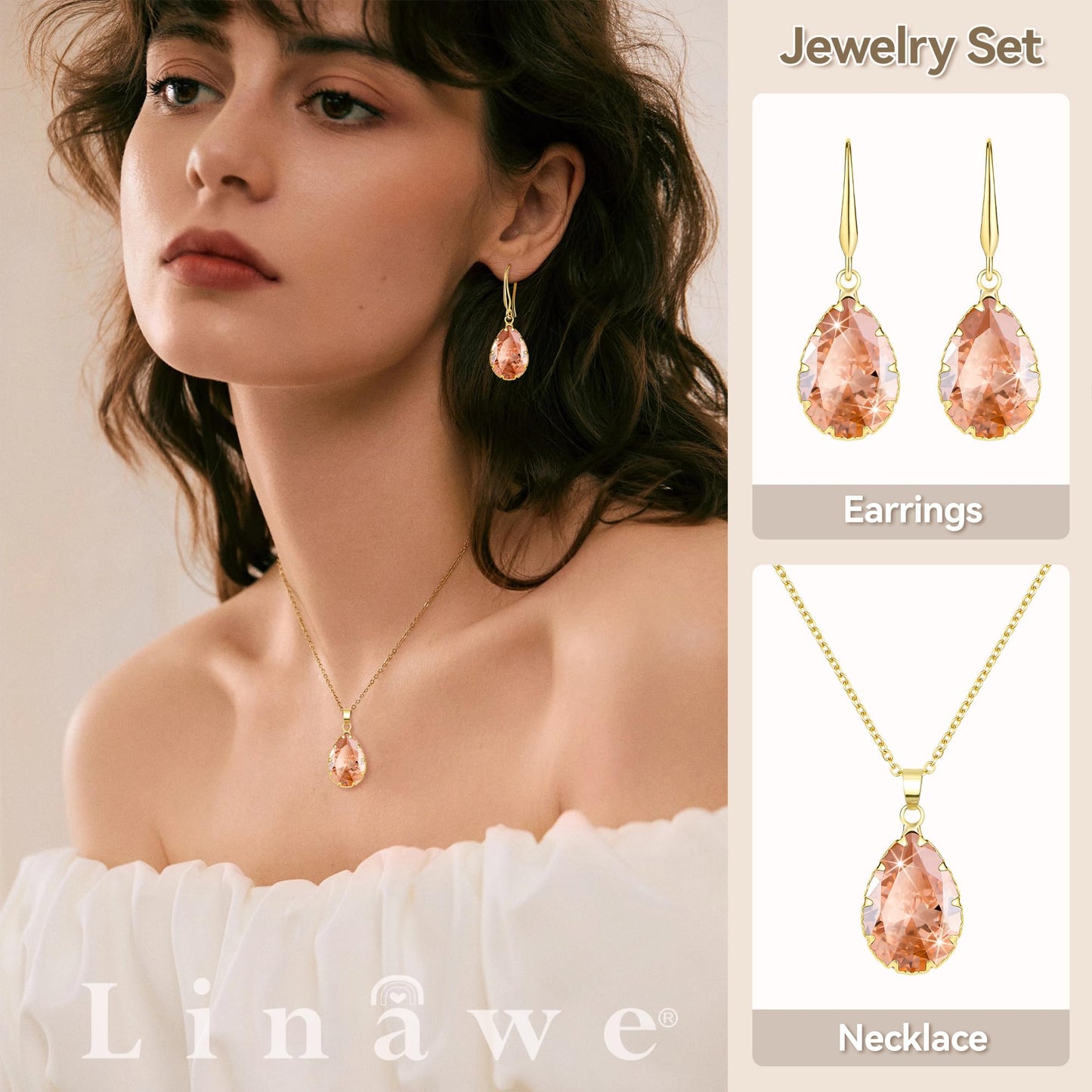 Linawe Citrine Crystal Gold Jewelry Sets for Women, Imitation Diamond Pendant Necklace Set, Rhinestone Drop Dangle Earrings Set, Birthstone Cubic Zirconia Matching Wedding Jewelry Set