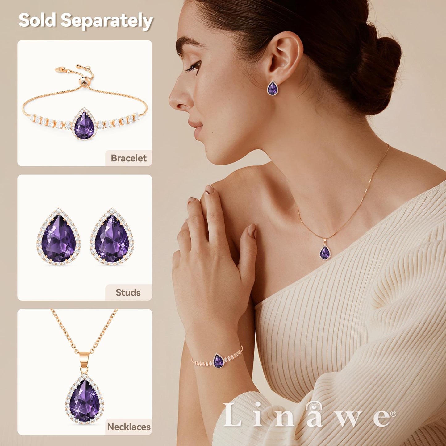 Linawe Purple Earrings Studs, Imitation Diamond Stud Earrings for Women, Cubic Zirconia Teardrop Rhinestone Crystal Piercing Jewelry Rose Gold, Wedding Brial Bridesmaid Costume Earring Set