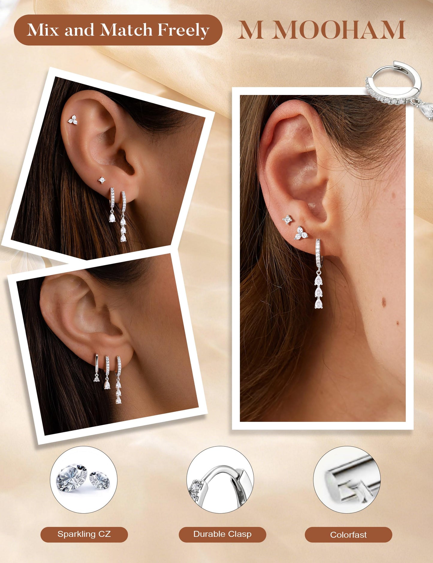 M MOOHAM Silver Dangle Earrings for Women, Drop Dangling Earrings Stacks Set Dainty Silver Hypoallergenic Cubic Zirconia CZ Hoop Earring Flat Back Stud Cartilage Earring Jewelry Gifts for Women