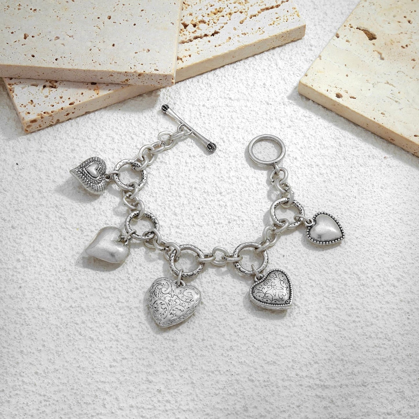 ENSKEFEN Vintage Heart Charm Bracelets for Women Matte White Gold Link Chain Bracelet with 5 Unique Heart Pendants OT Toggle Bracelet