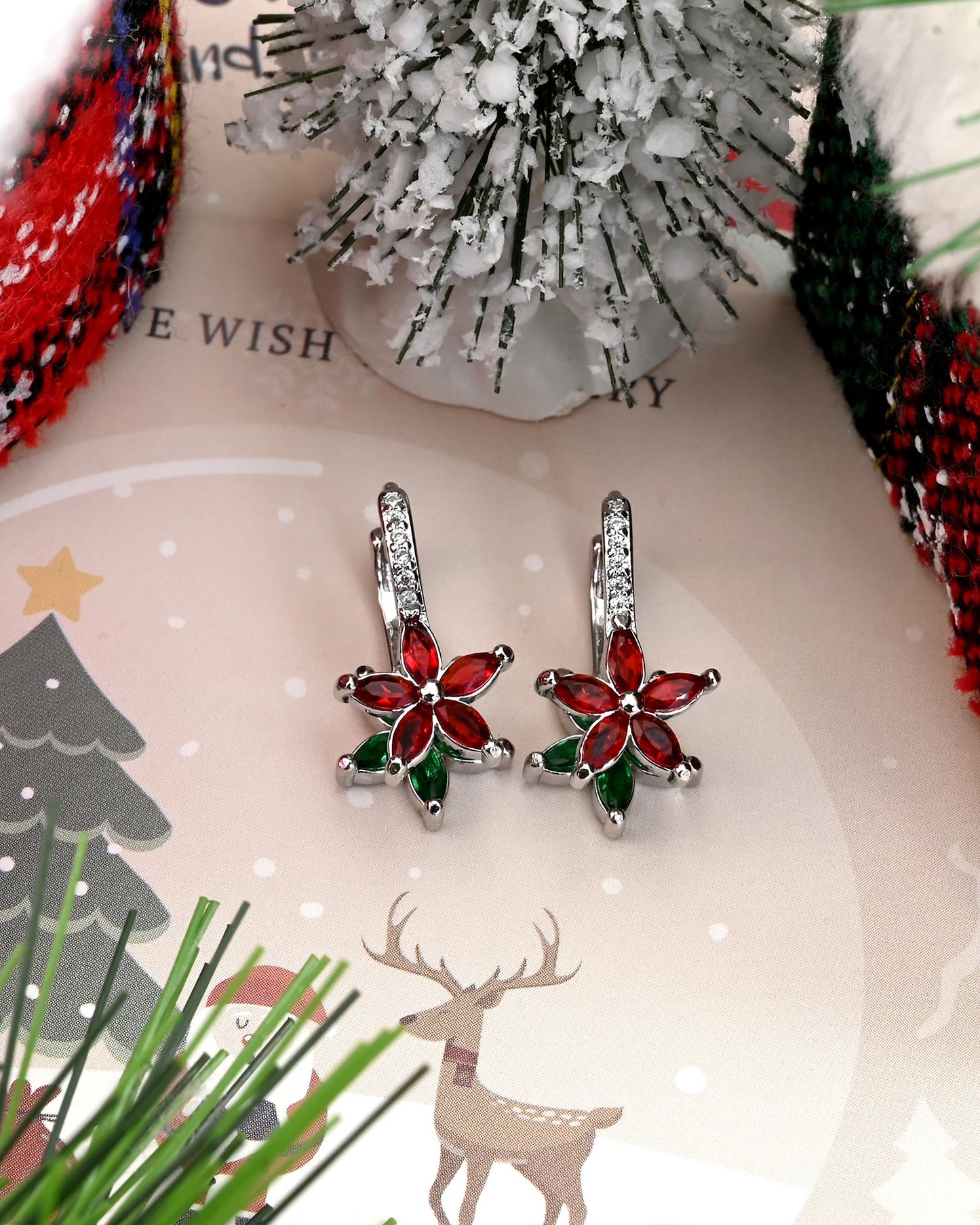 Watforsh 925 Sterling Silver Flower Earrings for Women Dangling Leverback Earrings with Red and Green Crystal Double Floral for Christmas Jewelry