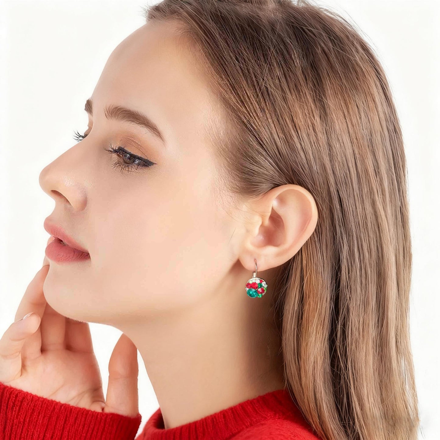 Multicolored Austrian Crystal Leverback Earrings for Women 14K Gold Plated Dangle Hoop Earrings Hypoallergenic Jewelry (Green Red Main Crystals/Christmas Glow)