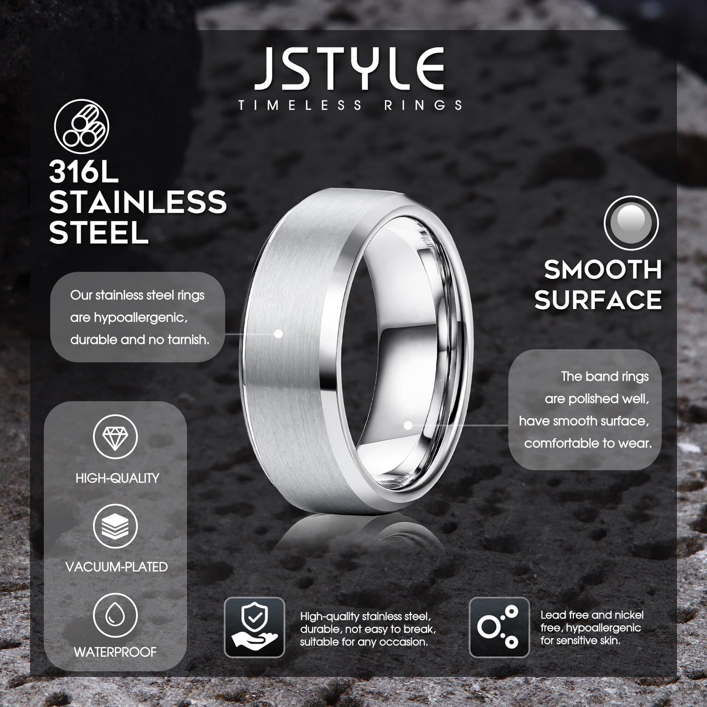 Jstyle Stainless Steel Rings for Men Women 8MM Wedding Band Rings Matte Surface - Beveled Polished Edge Mens Ring Size 10 Silver Plated Ring for Men