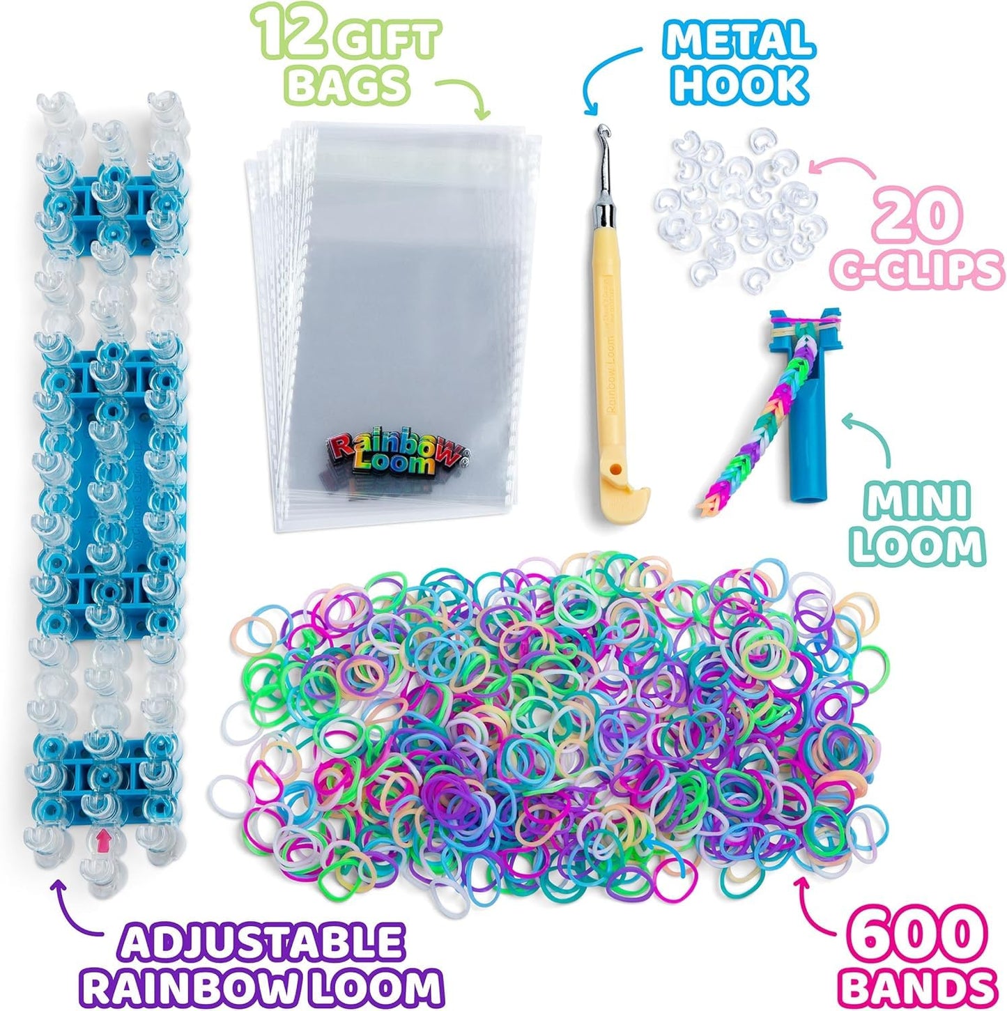 Rainbow Loom Original Rubber Band Bracelet Making Kit - 628 Pcs Loom Kit with Loom Board, Metal Hook, 600 Bands, C-Clips - Ages 7+, 2014 Toy of the Year