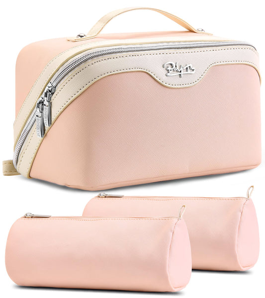 BOYATU Travel Makeup Bag Organizer Cosmetic Bag: 3 Pcs Set Make up Bags for Women with Handle - Waterproof Vegan Leather Toiletry Bags Travel Essentials Pouch with Compartments (A-09-Pink)