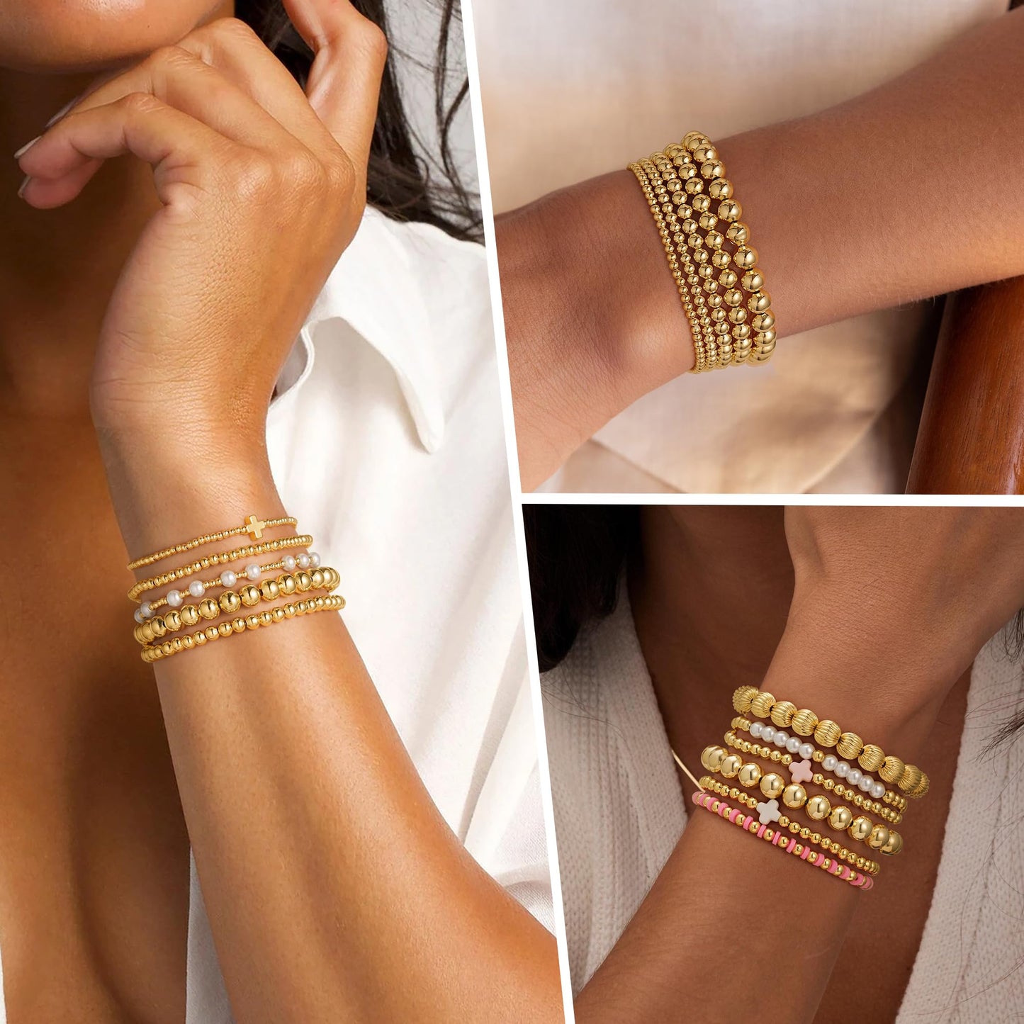 Yoosteel Gold Beaded Bracelets Set for Women - Easter Gifts 14k Gold Plated Dainty Round Beaded Cross Bracelet for Women Simplicity Stackable Jewelry Gifts（5 Pcs）