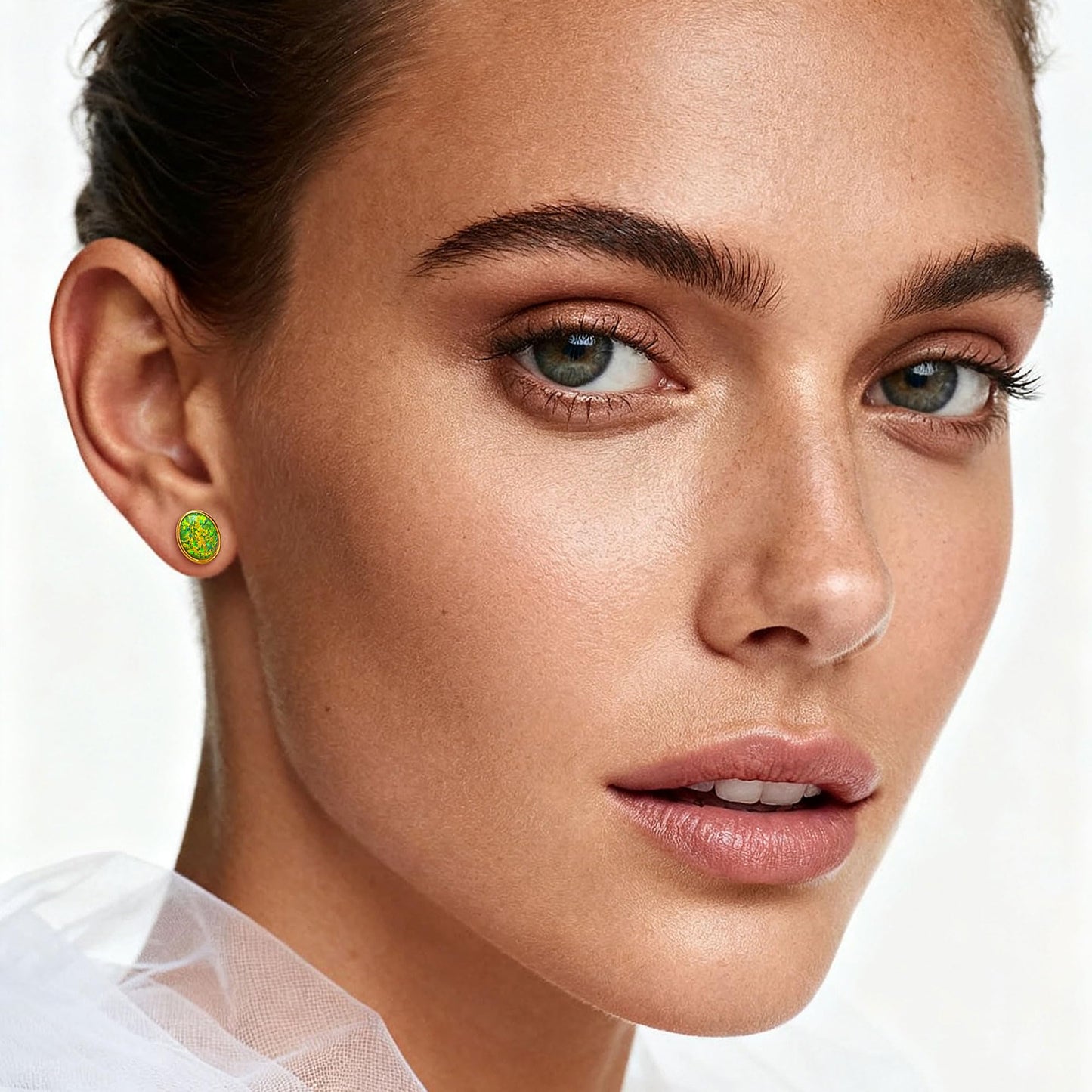 JiayangJY Silver Green Fire Opal Stud Earrings for Women 18K Yellow Gold Plated Sterling Silver Oval Shape 6mm Opal Earrings with Push Back