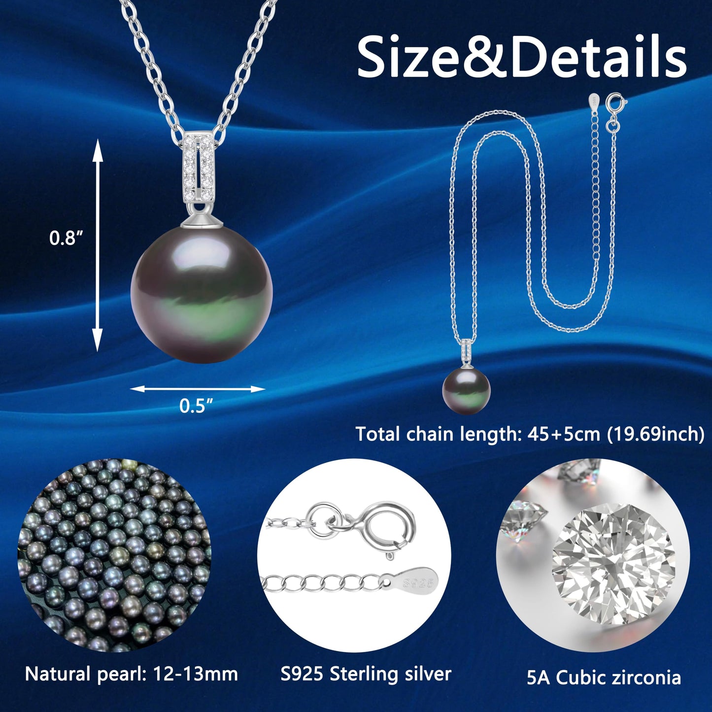 12-13mm Tahitian Black Pearl Pendant Necklace for Women, Genuine Cultured Pearl, 925 Sterling Silver, Simple Elegant Jewelry Gift for Wife Mom Girlfriend