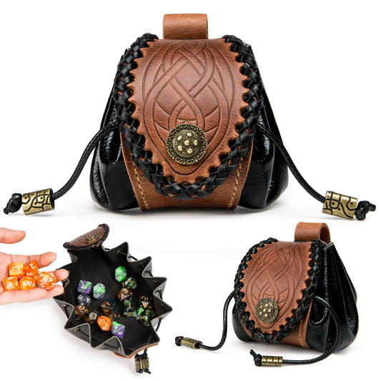 CHULEAG Crazy Horse Cowhide Leather & soft leather Vintage Medieval Dice Bag, Handcrafted Fully, Belt Pouch, Portable Coin Purse for Ren Faire Costumes（Brown, Small, Hold 20 Dices） (Brown)